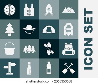 Set Paddle, Hiking backpack, Rafting boat, Campfire, Camping hat, Forest, Wind rose and Tourist tent icon. Vector