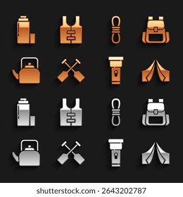 Set Paddle, Hiking backpack, Tourist tent, Flashlight, Kettle with handle, Climber rope, Thermos container and Life jacket icon. Vector