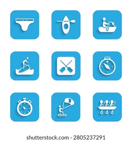 Set Paddle, Kitesurfing, Canoe rowing team sports, Compass, Stopwatch, Surfboard, Jet ski and Swimming trunks icon. Vector