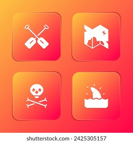 Set Paddle, Pirate treasure map, Skull on crossbones and Shark fin in ocean wave icon. Vector