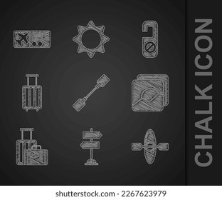 Set Paddle, Road traffic sign, Kayak or canoe, Photo, Suitcase, Please do not disturb and Airline ticket icon. Vector