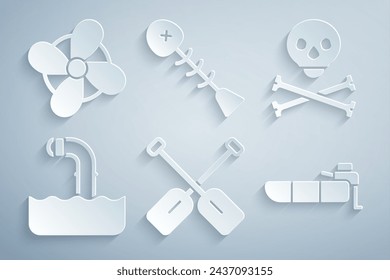 Set Paddle, Skull on crossbones, Periscope, Inflatable boat with motor, Dead fish and Boat propeller icon. Vector