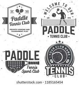 Set of Paddle tennis badge, emblem or sign. Vector illustration. Concept for shirt, print, stamp or tee. Vintage typography design with paddle tennis racket, visor and paddle ball silhouette.