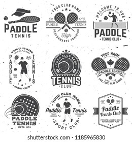 Set of Paddle tennis badge, emblem or sign. Vector illustration. Concept for shirt, print, stamp or tee. Vintage typography design with paddle tennis racket, visor and paddle ball silhouette.