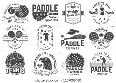 Set of Paddle tennis badge, emblem or sign. Vector illustration. Concept for shirt, print, stamp or tee. Vintage typography design with paddle tennis racket, visor and paddle ball silhouette.