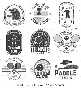 Set of Paddle tennis and tennis badge, emblem or sign. Vector. Concept for shirt, print, stamp or tee. Vintage typography design with paddle tennis racket, visor and paddle ball silhouette.