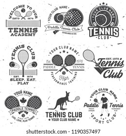 Set of Paddle tennis and tennis badge, emblem or sign. Vector. Concept for shirt, print, stamp or tee. Vintage typography design with paddle tennis racket, visor and paddle ball silhouette.