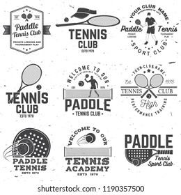 Set of Paddle tennis and tennis badge, emblem or sign. Vector. Concept for shirt, print, stamp or tee. Vintage typography design with paddle tennis racket, visor and paddle ball silhouette.