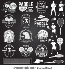 Set of Paddle tennis badge, emblem or sign with design element. Vector. Concept for shirt, print, stamp or tee. Vintage typography design with paddle tennis racket, visor and paddle ball silhouette.