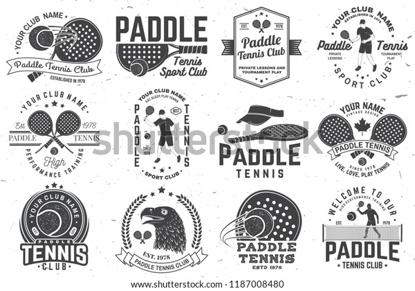 Set of Paddle tennis badge, emblem or sign.\
Vector illustration. Concept for shirt, print, stamp or tee.\
Vintage typography design with paddle tennis racket, visor and\
paddle ball silhouette.