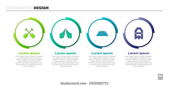 Set Paddle, Tourist tent, Mountains and Rafting boat. Business infographic template. Vector
