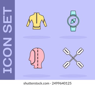 Set Paddle, Traje de neopreno, capucha de buceo e icono de brújula. Vector