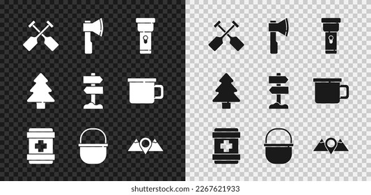 Set Paddle, Wooden axe, Flashlight, First aid kit, Camping pot, Location mountains, Forest and Road traffic signpost icon. Vector