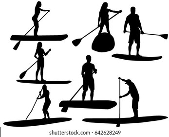 Set of paddling surfer silhouette