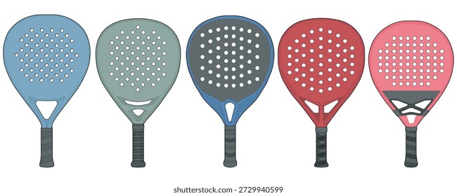 Set of padel rackets in different colors and modern designs, isolated on white background, suitable for sports branding, equipment catalog, product mockup, and padel tennis promotional use.