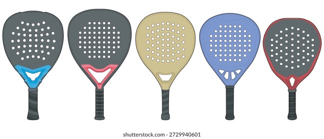 Conjunto de palas de padel en diferentes colores y diseños modernos, aisladas sobre fondo blanco, adecuadas para la marca deportiva, catálogo de equipos, maqueta de productos, y uso promocional del pádel tenis.