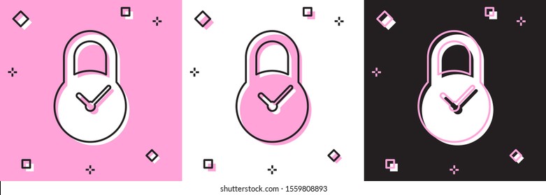 Set Padlock with clock icon isolated on pink and white, black background. Time control concept. Lock and countdown, deadline, schedule, planning symbol.  Vector Illustration