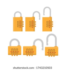 Set Padlock with code. Padlock for doors, safes and suitcases. Flat style. Vector.