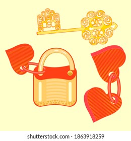 Set of padlock, golden key and key chains in the form of hearts.Vector illustration.Isolated elements for design for Valentine's Day.
