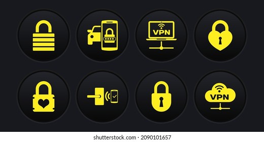 Ponga Padlock con corazón, Castillo en forma de, Digital door wireless, Lock, VPN Computer Network e icono del sistema de seguridad de coche inteligente. Vector