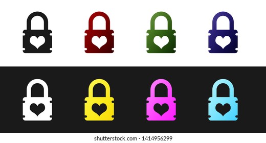 Set Padlock with heart icon isolated on black and white background. Locked Heart. Love symbol and keyhole sign. Vector Illustration