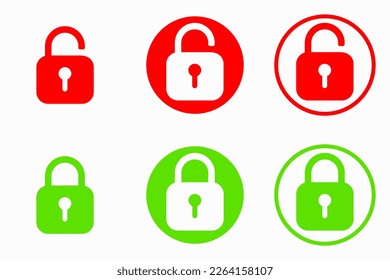 Set of padlock icon, lock and unlock icons. Safety protect symbols. Close and open lock padlock symbols. Red and green sign of locked and unlocked padlock. Vector illustration on white background.