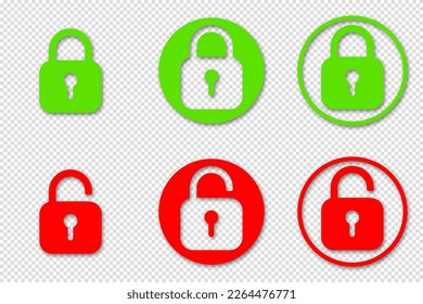 Set of padlock icon, lock and unlock icons. Safety protect symbols. Close and open lock padlock symbols. Red and green sign locked and unlocked padlock. Vector illustration on transparent background.