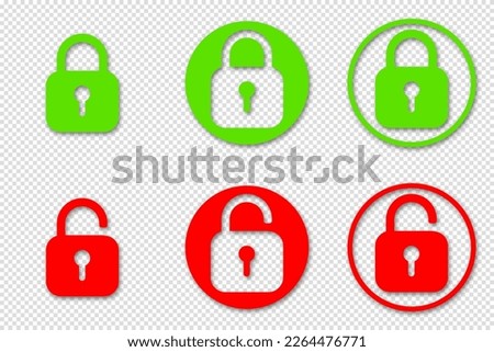 Set of padlock icon, lock and unlock icons. Safety protect symbols. Close and open lock padlock symbols. Red and green sign locked and unlocked padlock. Vector illustration on transparent background.