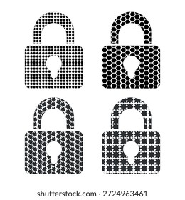Conjunto de iconos de candado con texturas geométricas: puntos de semitonos, hexágonos y patrones de estrellas para la ciberseguridad y la protección de datos
