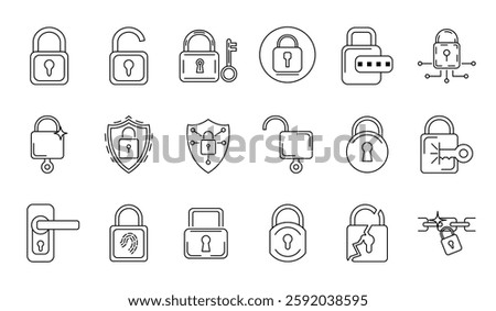 set of padlock icons in a minimalist line style. featuring locked and unlocked padlocks, security shield, key access, fingerprint authentication, digital security, and broken padlock. editable strokes