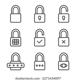 Conjunto de iconos de esquema de Padlock. Contraseña, Bloqueada, Desbloqueada y más. Stroke editable. Vector Eps 10