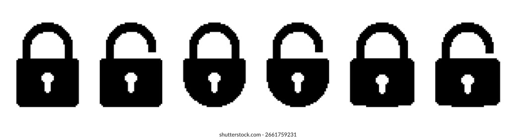 Conjunto de Plantillas de candado en estilo pixel art. Símbolos de seguridad sólidos negros en varios estados. Etiquetas bloqueadas, parcialmente desbloqueadas, completamente desbloqueadas. Aislado sobre fondo blanco. 