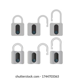 Set of padlocks with fingerprint scanner. A modern padlock is opened with a fingerprint. Isolated. Vector.