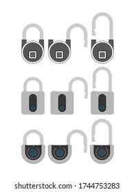 Set of padlocks with fingerprint scanner. A modern padlock is opened with a fingerprint. Isolated. Vector.