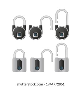 Conjunto de candados con escáner de huellas digitales. Se abre un candado moderno con una huella dactilar. Aislado. Vector.