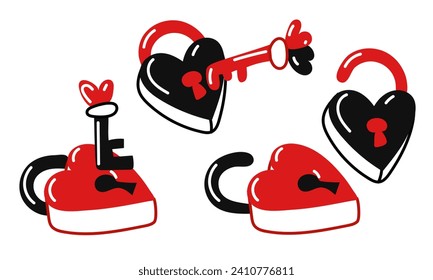 A set of padlocks in the form of hearts for Valentine's Day. Doodle of a love symbol on a white. Cute closed and open locks in the form of hearts with keys. Vector illustration of a Valentine card