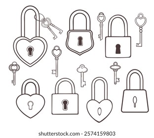 Set of Padlocks with keys in doodle style. Cute hand drawn padlock heart, perfect for Valentine's Day design for romantic gifts and decorations