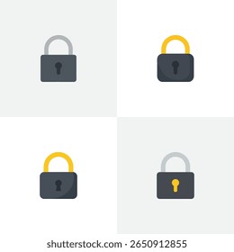 A set of padlocks and lock icons symbolizes security and protection with keys, metal, and web design elements for safe, closed, and open access