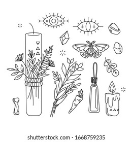 Set of pagan, occult and esoteric symbols. Isolated collection about shamanism, herbal medicine healer, Wicca. Linear mystical items - candles, herbs, moth, evil eyes in hand drawn style