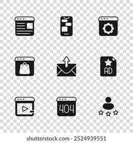 Set Page with a 404 error, Advertising, Consumer product rating, Mail and e-mail, Browser setting, Mobile 24 hours support and Online shopping screen icon. Vector