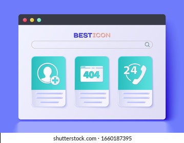 Set Page with a 404 error, Create account screen and Telephone 24 hours support icon. Vector