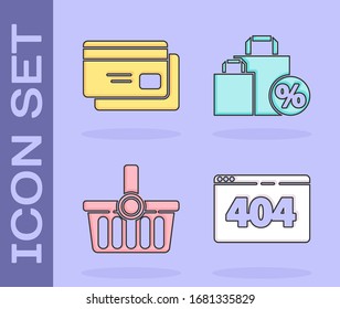 Set Page with a 404 error, Credit card, Shopping basket and Shoping bag with discount icon. Vector