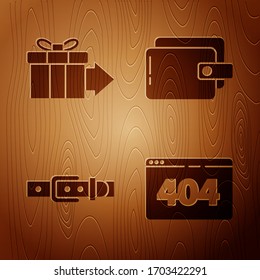 Set Page with a 404 error, Gift box, Leather belt and Wallet on wooden background. Vector
