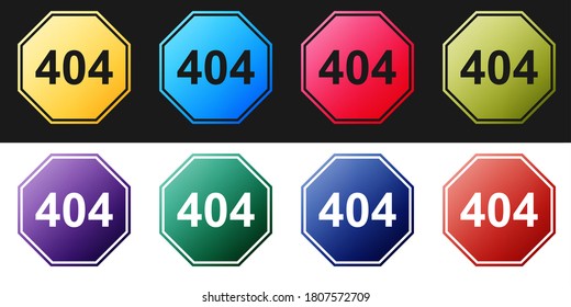 Set Page with a 404 error icon isolated on black and white background. Template reports that the page is not found. Vector.
