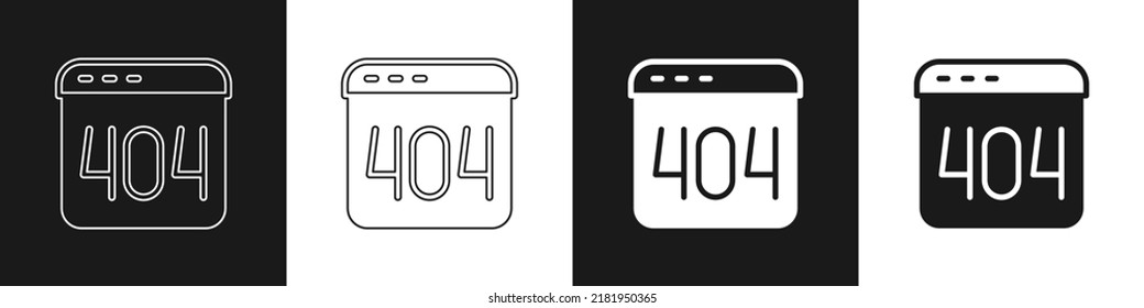 Set Page with a 404 error icon isolated on black and white background. Template reports that the page is not found.  Vector