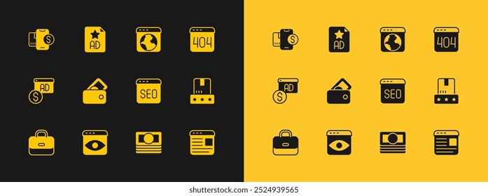 Set Page with a 404 error, Personal information collection, SEO optimization, Stacks paper money cash, Wallet, Worldwide, Mobile dollar and Advertising icon. Vector