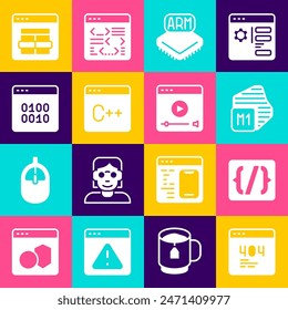 Set Page with a 404 error, Programming language syntax, Processor, Software, Binary code, MySQL and Online play video icon. Vector