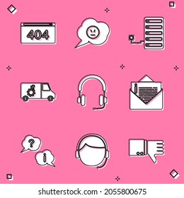 Set Page with a 404 error, Speech bubble angry smile, Server, Car service, Headphones, Envelope, Question and Exclamation and Man headset icon. Vector