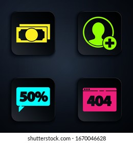 Set Page with a 404 error, Stacks paper money cash, Fifty discount percent tag and Create account screen. Black square button. Vector