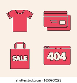 Set Page with a 404 error, T-shirt, Credit card and Shoping bag with Sale icon. Vector
